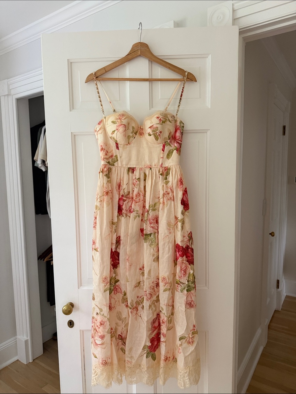 Zimmermann Cream Midi Dress with Pink Floral Print